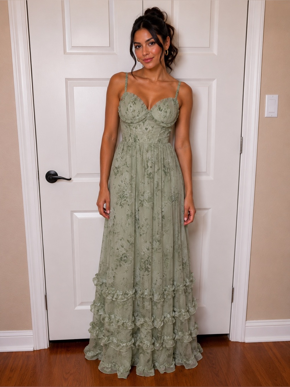 Sleeveless corset Sage Green Maxi Dress with Ruffle Hem and slit